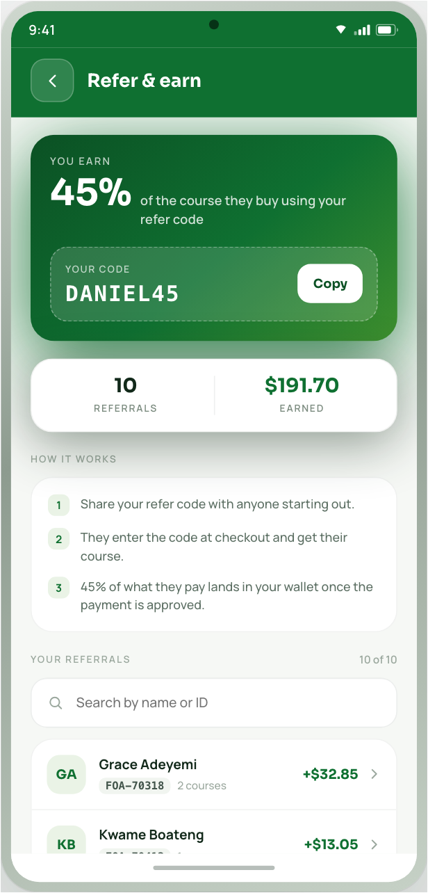 Refer and earn screen